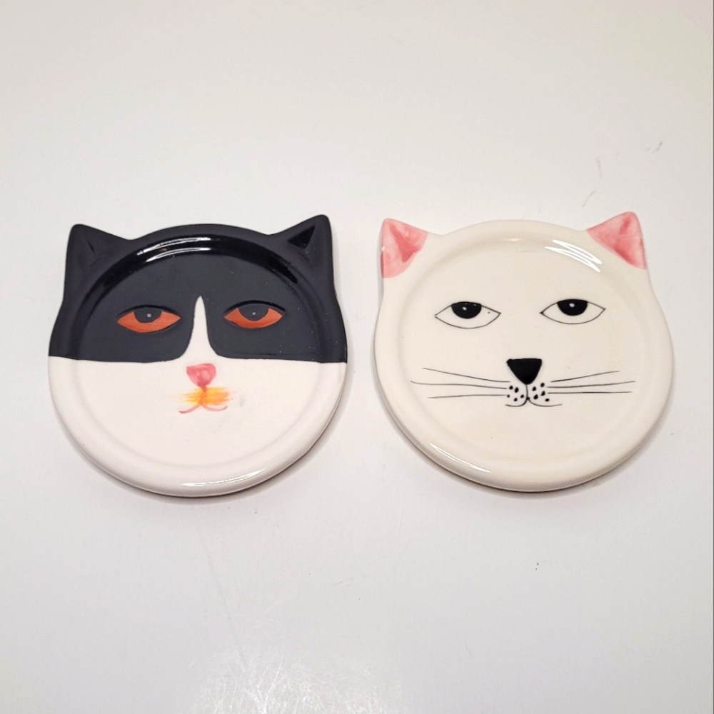 Cat Face Ceramic Vintage Coasters Decor Set of Two